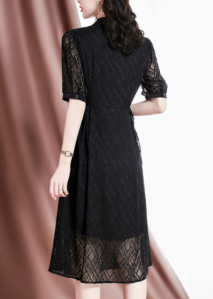 Simple Black Peter Pan Collar Hollow Out Tulle Silk Party Dress Short Sleeve