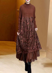 Simple Black Peter Pan Collar Lace Patchwork Woolen Knit Dress Fall