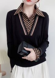 Simple Black Peter Pan Collar Patchwork Knit Sweaters Fall