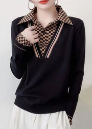 Simple Black Peter Pan Collar Patchwork Knit Sweaters Fall