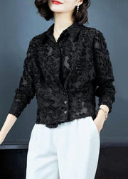 Simple Black Peter Pan Collar Patchwork Lace Shirt Top Spring