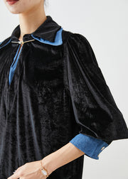 Simple Black Peter Pan Collar Patchwork Silk Velour Fake Two Piece Shirts Fall