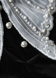 Simple Black Peter Pan Collar Patchwork Velour Maxi Dresses Bracelet Sleeve