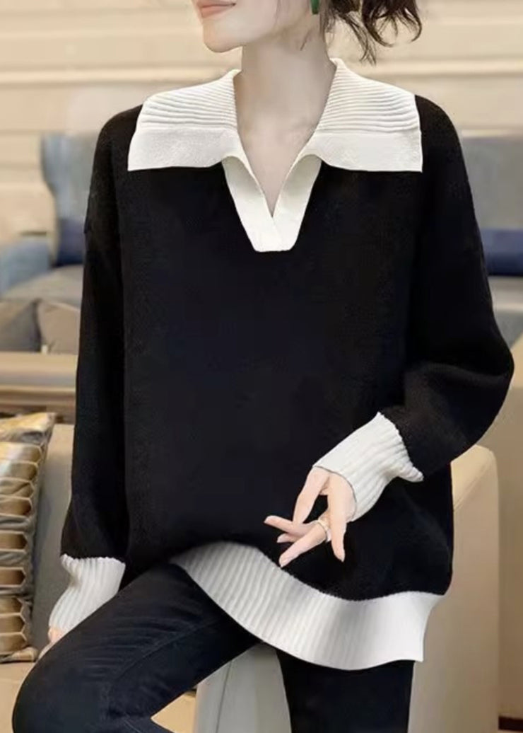 Simple Black Peter Pan Collar Thick Patchwork Knit Sweaters Fall