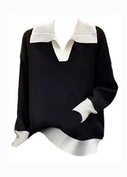 Simple Black Peter Pan Collar Thick Patchwork Knit Sweaters Fall