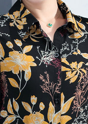 Simple Black Peter Pan Collar Yellow Print Silk Long Shirt Half Sleeve