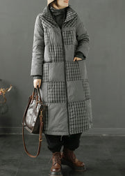Simple Black Plaid Stand Collar Patchwork Duck Down Puffer Coats Winter