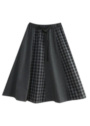 Simple Black Plaid elastic waist Patchwork A Line Skirt Spring