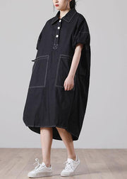 Simple Black Pockets Cotton long shirts Summer Dress - SooLinen