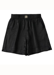 Simple Black Pockets Elastic Waist Patchwork Cotton Shorts Summer