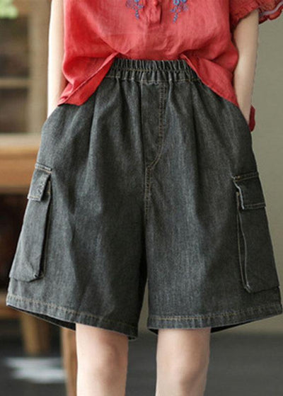 Simple Black Pockets Wide Leg Summer Denim Hot Pants - SooLinen