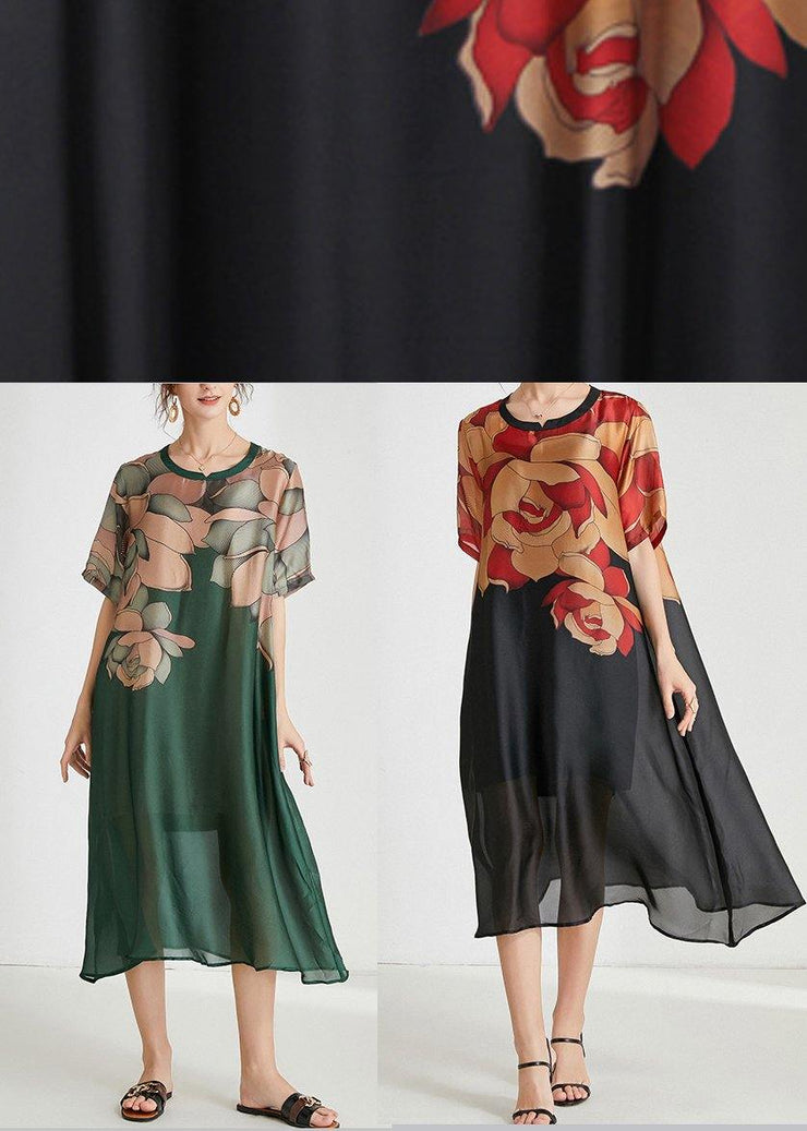 Simple Black Print Chiffon Short Sleeve Summer Dresses - SooLinen