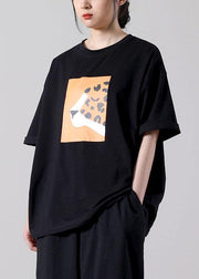 Simple Black Print O-Neck Cotton Blouse Tops Short Sleeve Summer - SooLinen