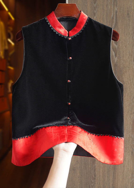 Simple Black Stand Collar Button Patchwork Silk Velour Waistcoat Fall
