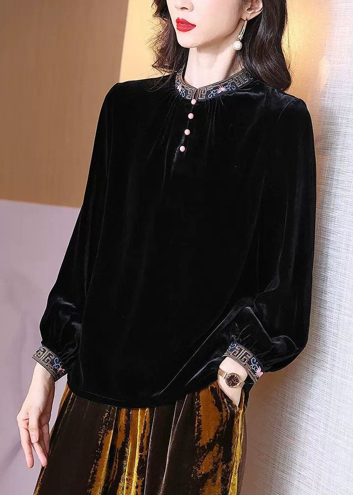 Simple Black Stand Collar Embroidered Silk Velour Top Spring