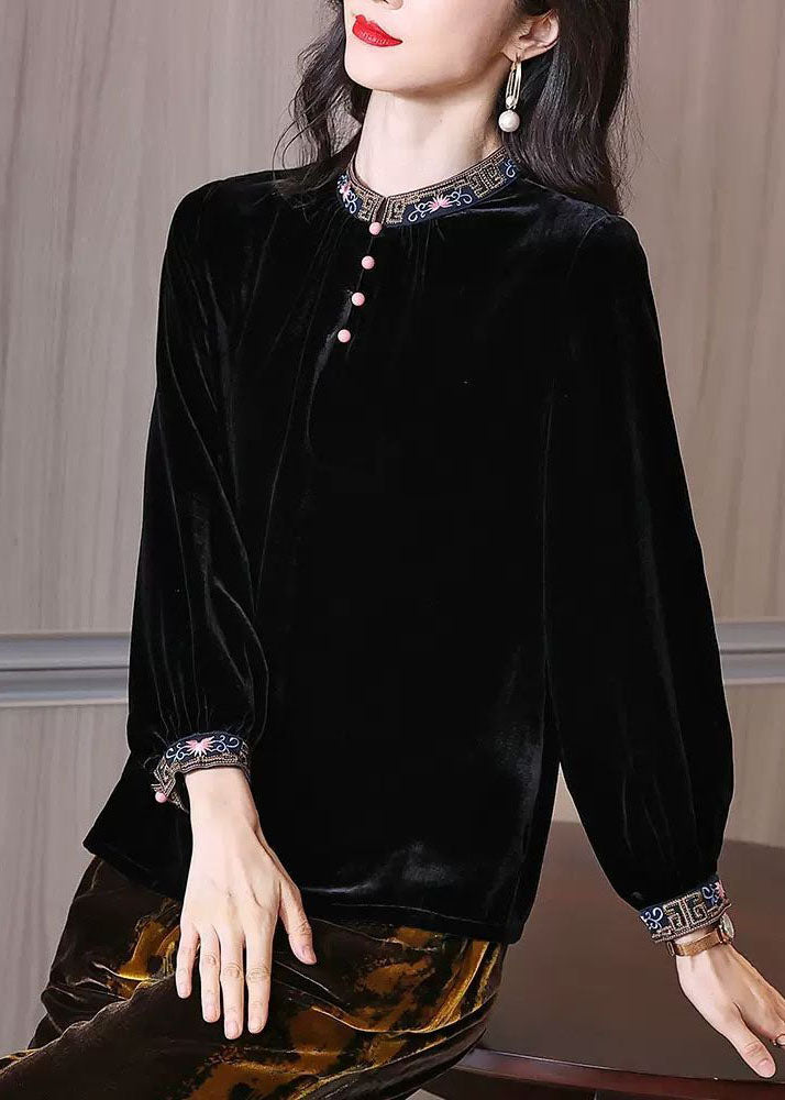 Simple Black Stand Collar Embroidered Silk Velour Top Spring
