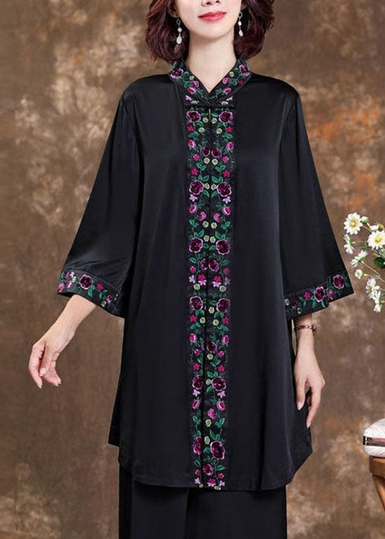Simple Black Stand Collar Patchwork Embroidery Silk Top Spring