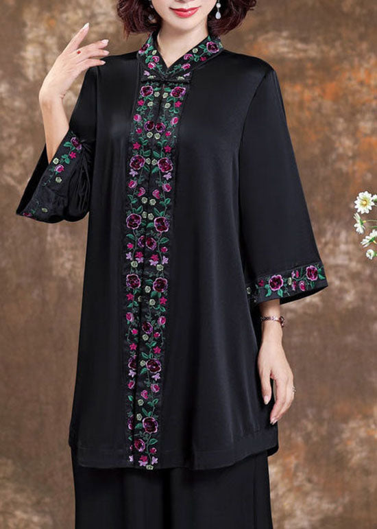 Simple Black Stand Collar Patchwork Embroidery Silk Top Spring