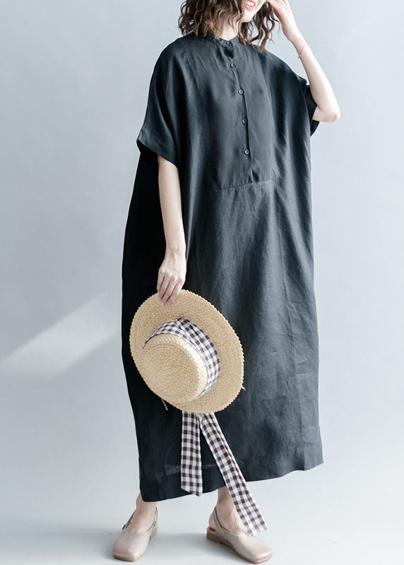 Simple Black Stand Collar Patchwork Linen Dresses Short Sleeve