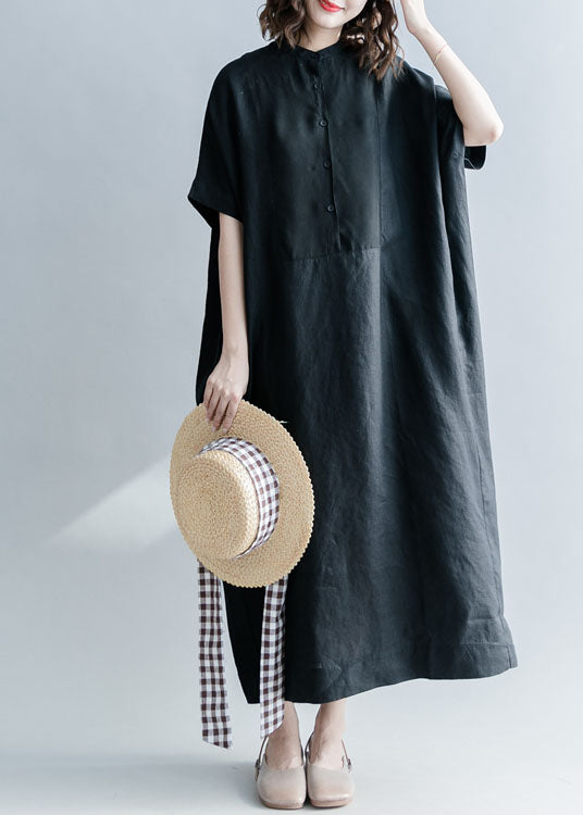 Simple Black Stand Collar Patchwork Linen Dresses Short Sleeve