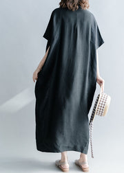 Einfache schwarze Patchwork-Leinenkleider mit Stehkragen und kurzen Ärmeln