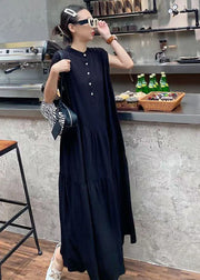 Simple Black Stand Collar Patchwork Wrinkled Cotton Dress Sleeveless