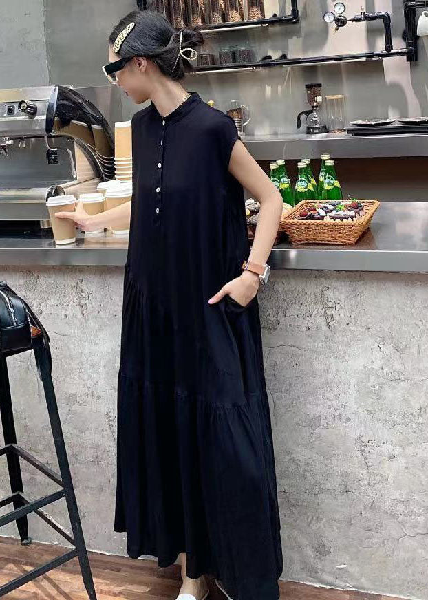 Simple Black Stand Collar Patchwork Wrinkled Cotton Dress Sleeveless
