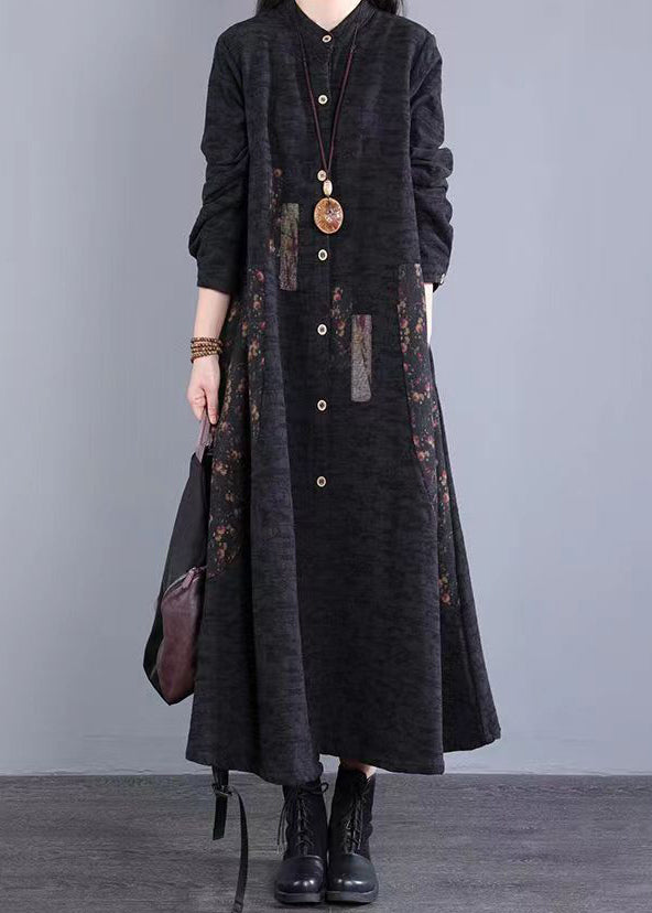 Simple Black Stand Collar Print Button Patchwork Cotton Dress Fall