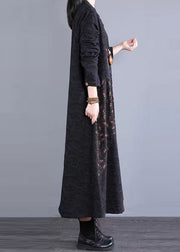 Simple Black Stand Collar Print Button Patchwork Cotton Dress Fall