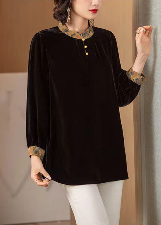 Simple Black Stand Collar Print Patchwork Silk Velour Tops Fall