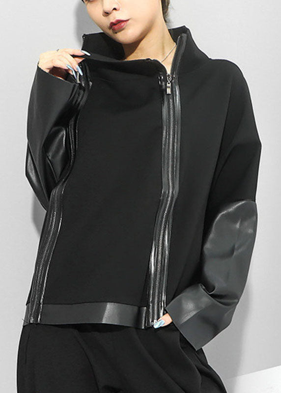 Simple Black Stand Collar Zippered PU Patchwork Fall Long sleeve Coat