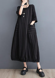 Simple Black Striped Pockets Patchwork Cotton Dresses Summer