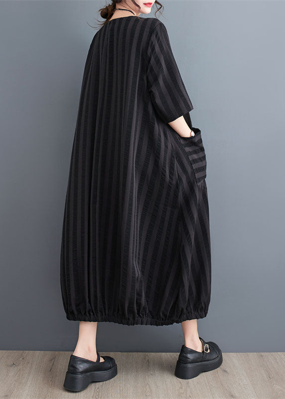 Simple Black Striped Pockets Patchwork Cotton Dresses Summer
