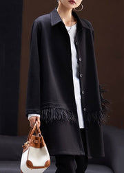 Simple Black Tasseled Button Patchwork Cotton Coats Long Sleeve