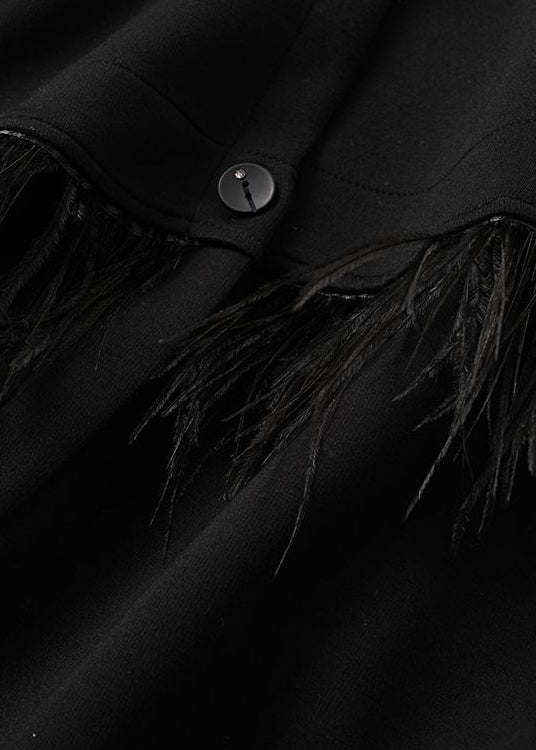 Simple Black Tasseled Button Patchwork Cotton Coats Long Sleeve