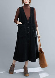 Simple Black Tunic V Neck Sleeveless Maxi Spring Dress - SooLinen