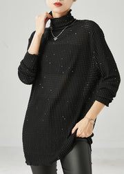 Simple Black Turtle Neck Sequins Cotton Shirt Spring