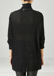 Simple Black Turtle Neck Sequins Cotton Shirt Spring