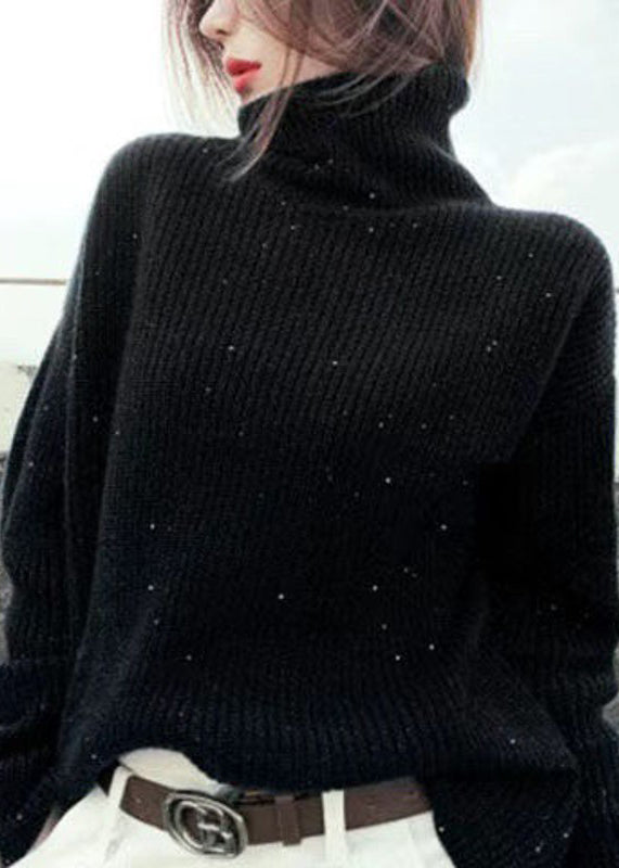 Simple Black Turtleneck Cozy Cotton Knit Sweaters Long Sleeve