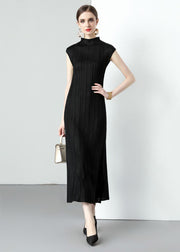 Simple Black Turtleneck Wrinkled Patchwork Chiffon Long Dresses Sleeveless