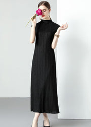 Simple Black Turtleneck Wrinkled Patchwork Chiffon Long Dresses Sleeveless
