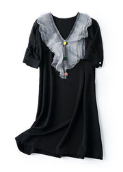 Simple Black V Neck Ruffled Patchwork Chiffon Dresses Summer