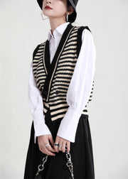 Simple Black V Neck Striped Knit Vests Winter