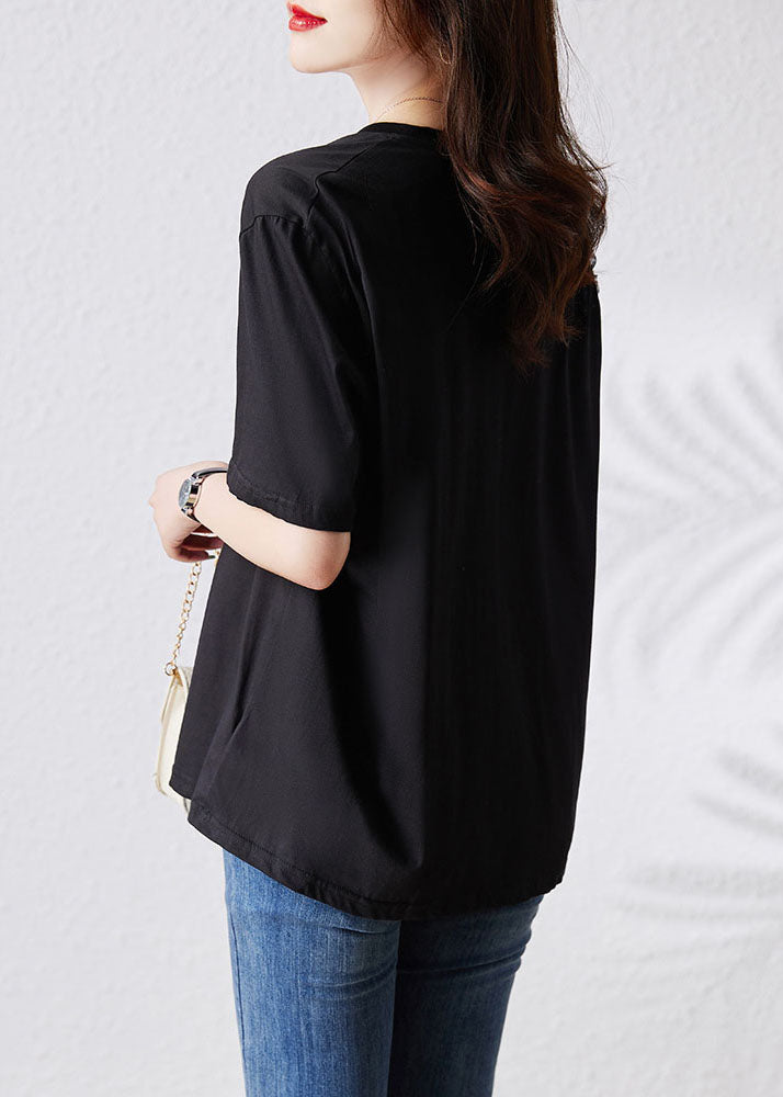 Simple Black V Neck Tulle Patchwork Cotton T Shirt Top Summer
