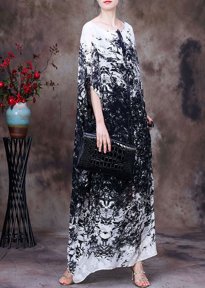 Simple Black White O-Neck Print Lace Up Silk Long Dresses Batwing Sleeve