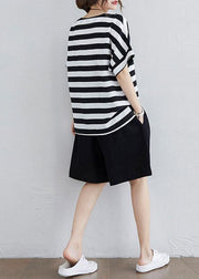 Simple Black White Striped side open Two Pieces Set Summer Cotton - SooLinen