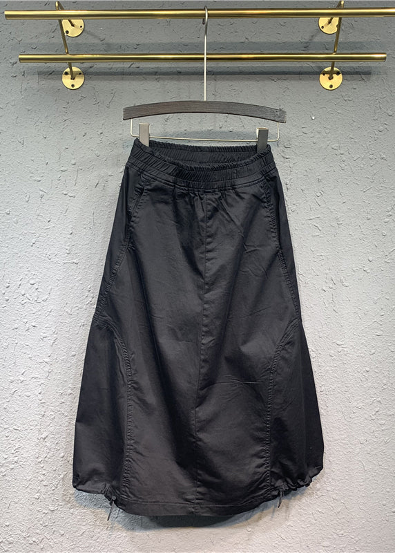 Simple Black Wrinkled Pockets Patchwork Cotton Skirts Fall