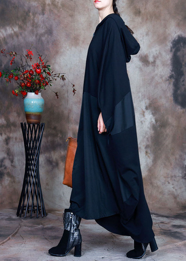 Simple Black fashion hooded Patchwork asymmetrical design Fall Maxi Dresses