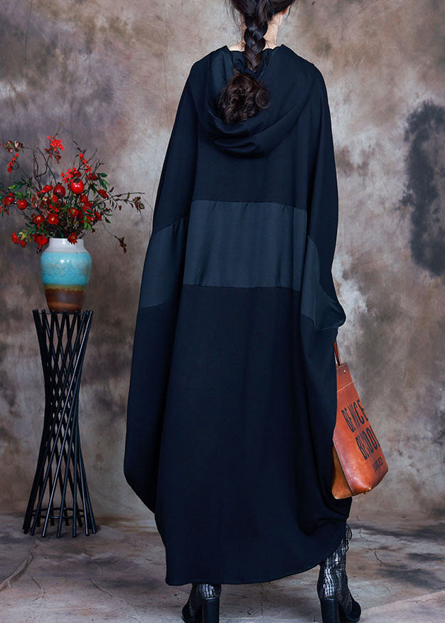 Einfache schwarze Mode mit Kapuze Patchwork asymmetrisches Design Herbst Maxikleider