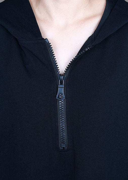 Einfache schwarze Mode mit Kapuze Patchwork asymmetrisches Design Herbst Maxikleider